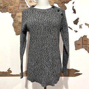 Loft Heather Black White Button Neck Sweater Size XS Long Sleeve Shawl Mock